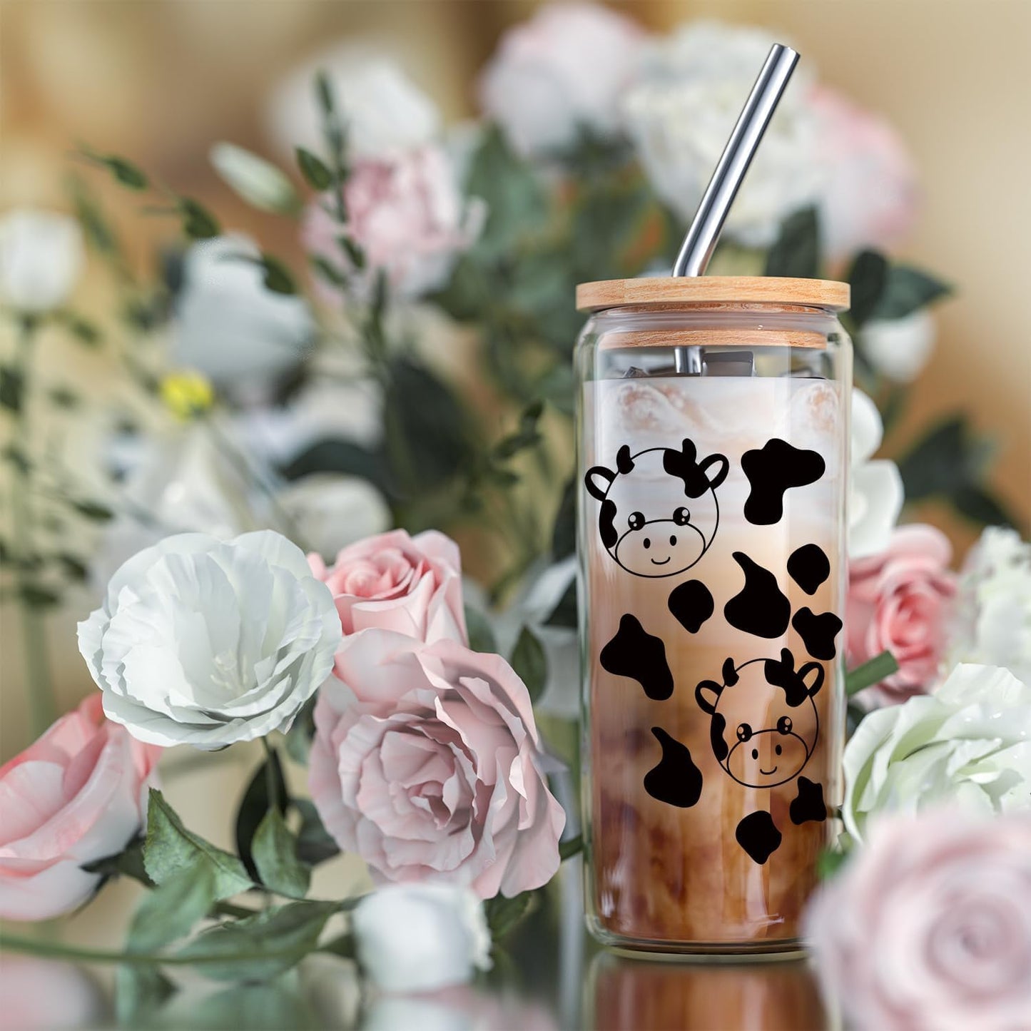 Cute Cow Drinking Glass, Large 20Oz Aesthetic Glass Cup with Lid and Straw, Clear, Cowcup-20Oz