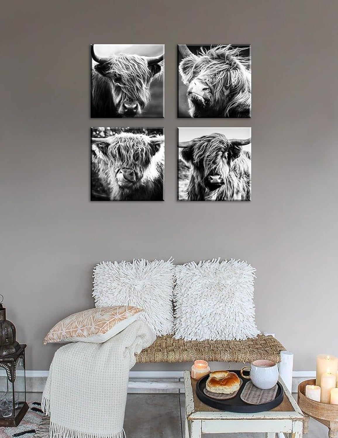 Highland Cow Wall Art Farmhouse Decor Canvas Printed Black and White Cow Pictures Wall Decor 12"×12"×4