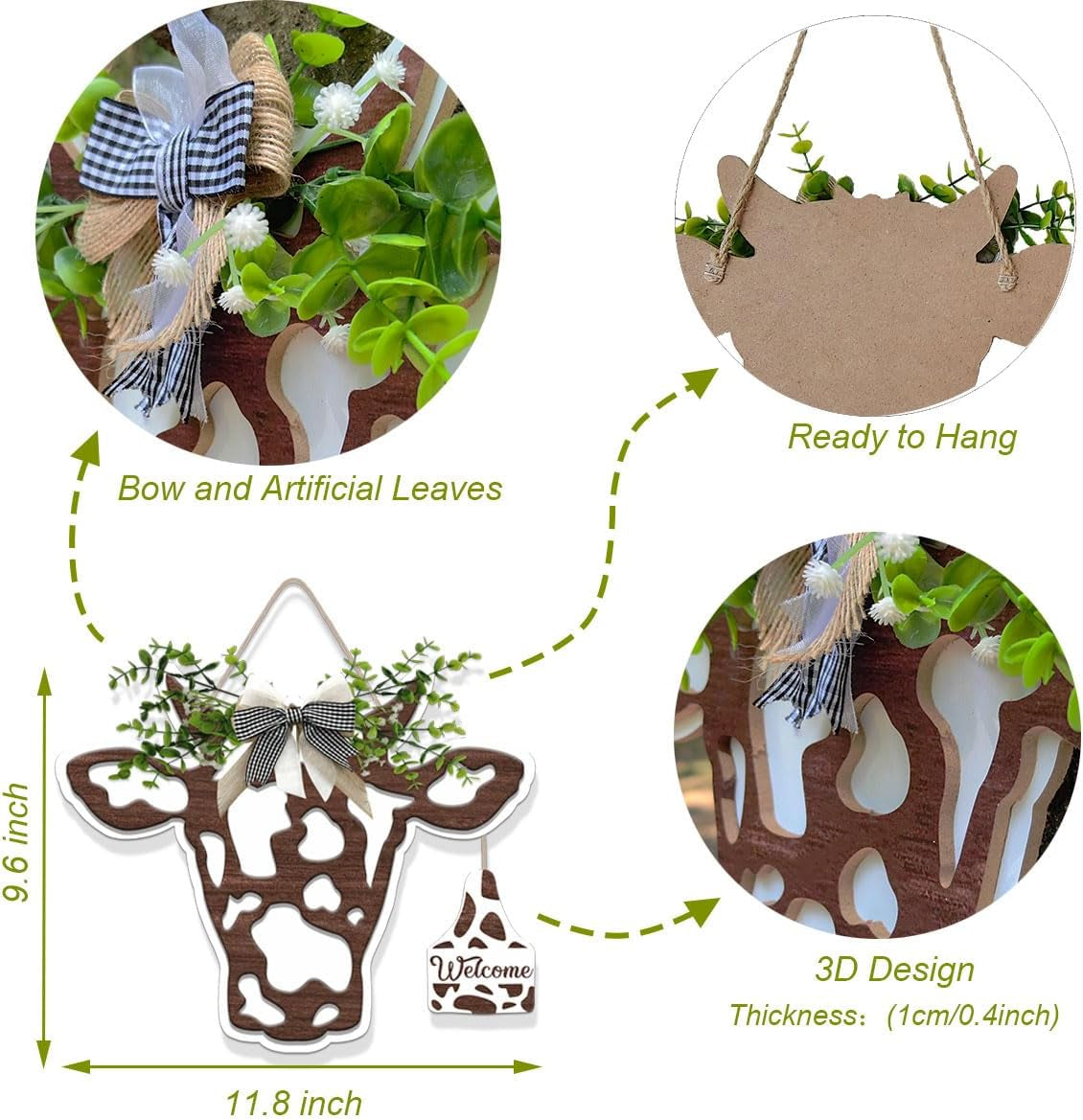 3D Cow Head Wreath Wooden Sign (11.8X9.6 Inch), Outdoor Cow Welcome Door Hanger Sign, Animal with Bow and Artificial Leaves Hanger for Front Door Porch Farmhouse Decor