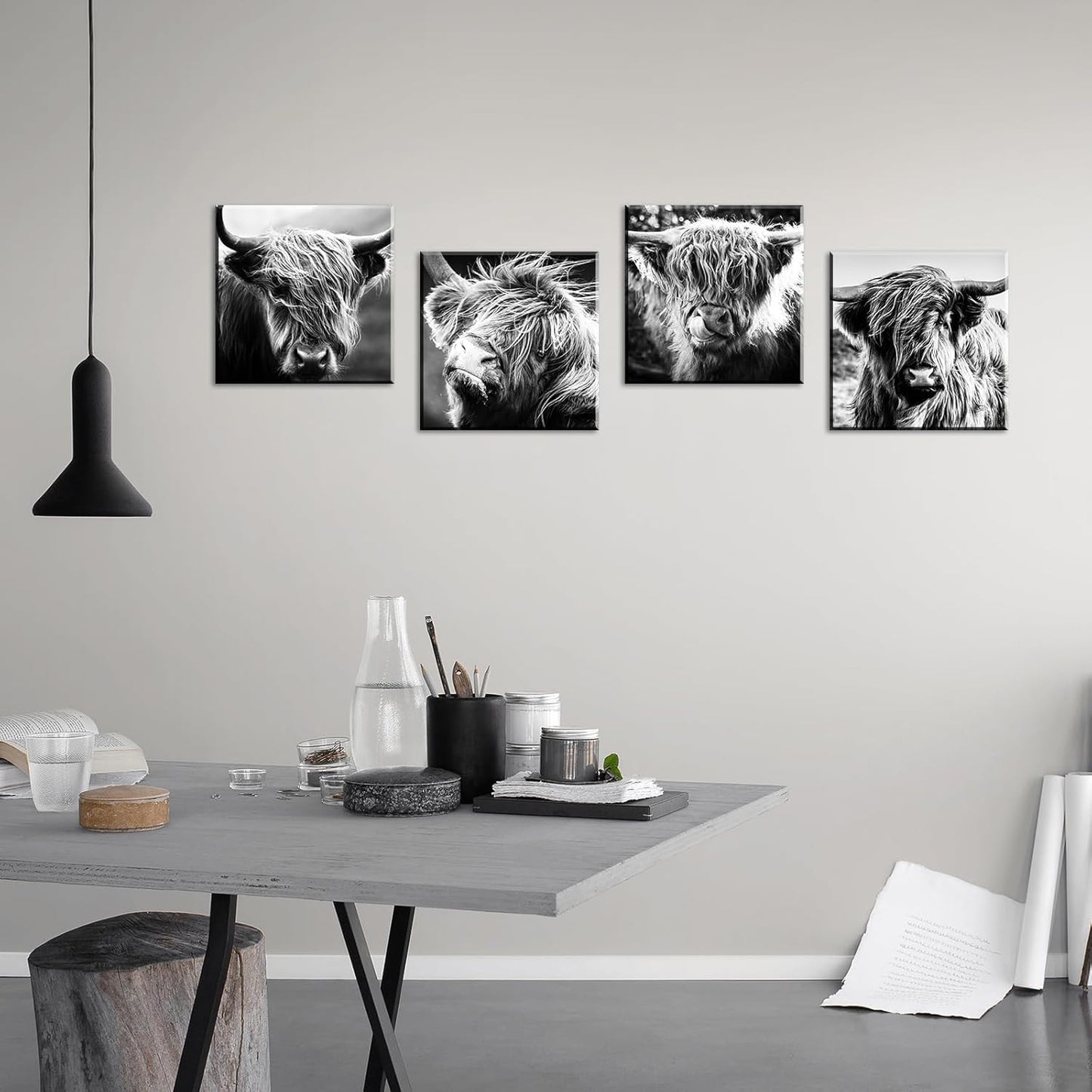 Highland Cow Wall Art Farmhouse Decor Canvas Printed Black and White Cow Pictures Wall Decor 12"×12"×4
