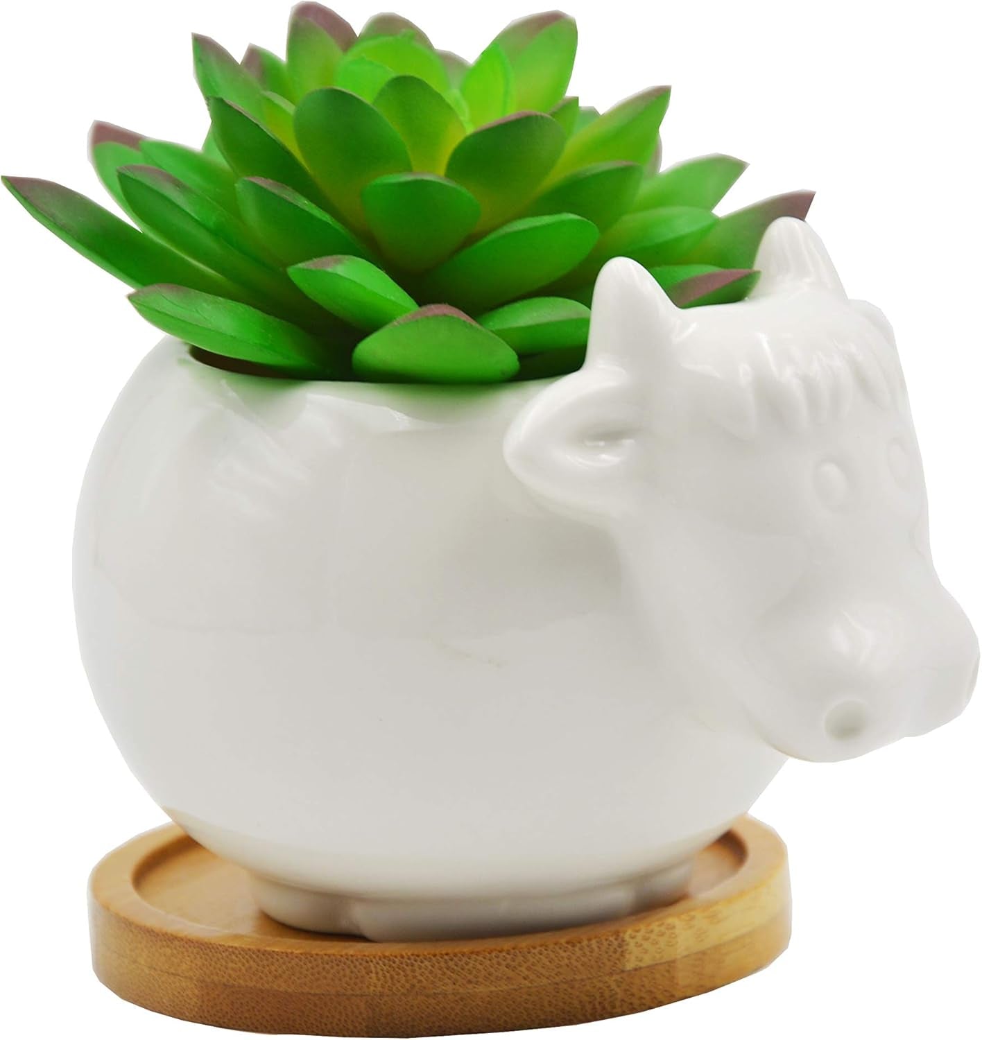 Succulent Pots,Cute Cartoon Cow Shaped Ceramic Succulent Cactus Flower Pot,Pencil Holders,Desk Accessories, Makeup Brush Storage Stand-Plant Not Included (With Tray)