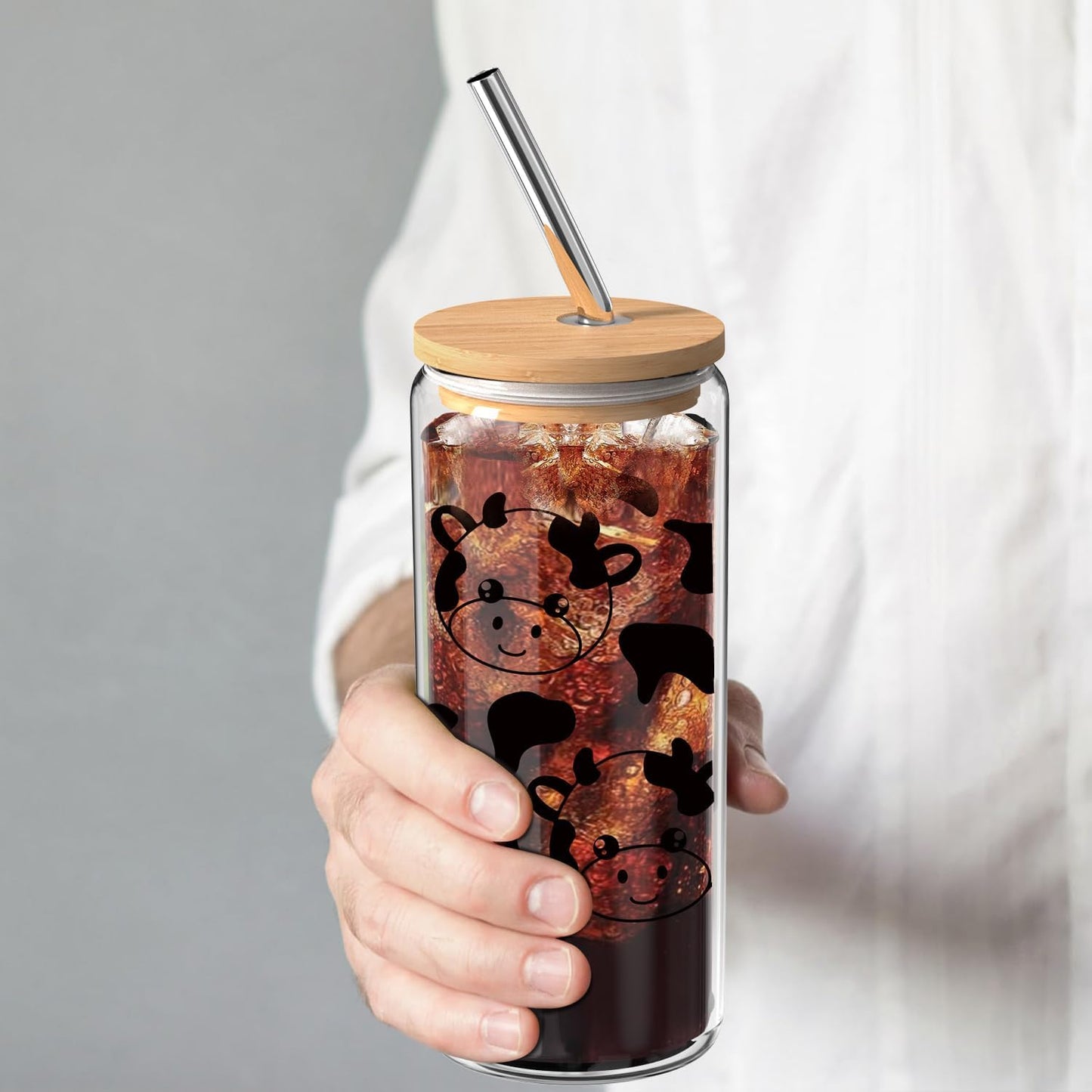 Cute Cow Drinking Glass, Large 20Oz Aesthetic Glass Cup with Lid and Straw, Clear, Cowcup-20Oz