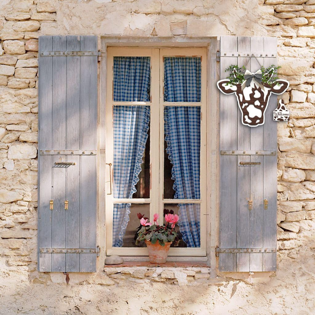 3D Cow Head Wreath Wooden Sign (11.8X9.6 Inch), Outdoor Cow Welcome Door Hanger Sign, Animal with Bow and Artificial Leaves Hanger for Front Door Porch Farmhouse Decor