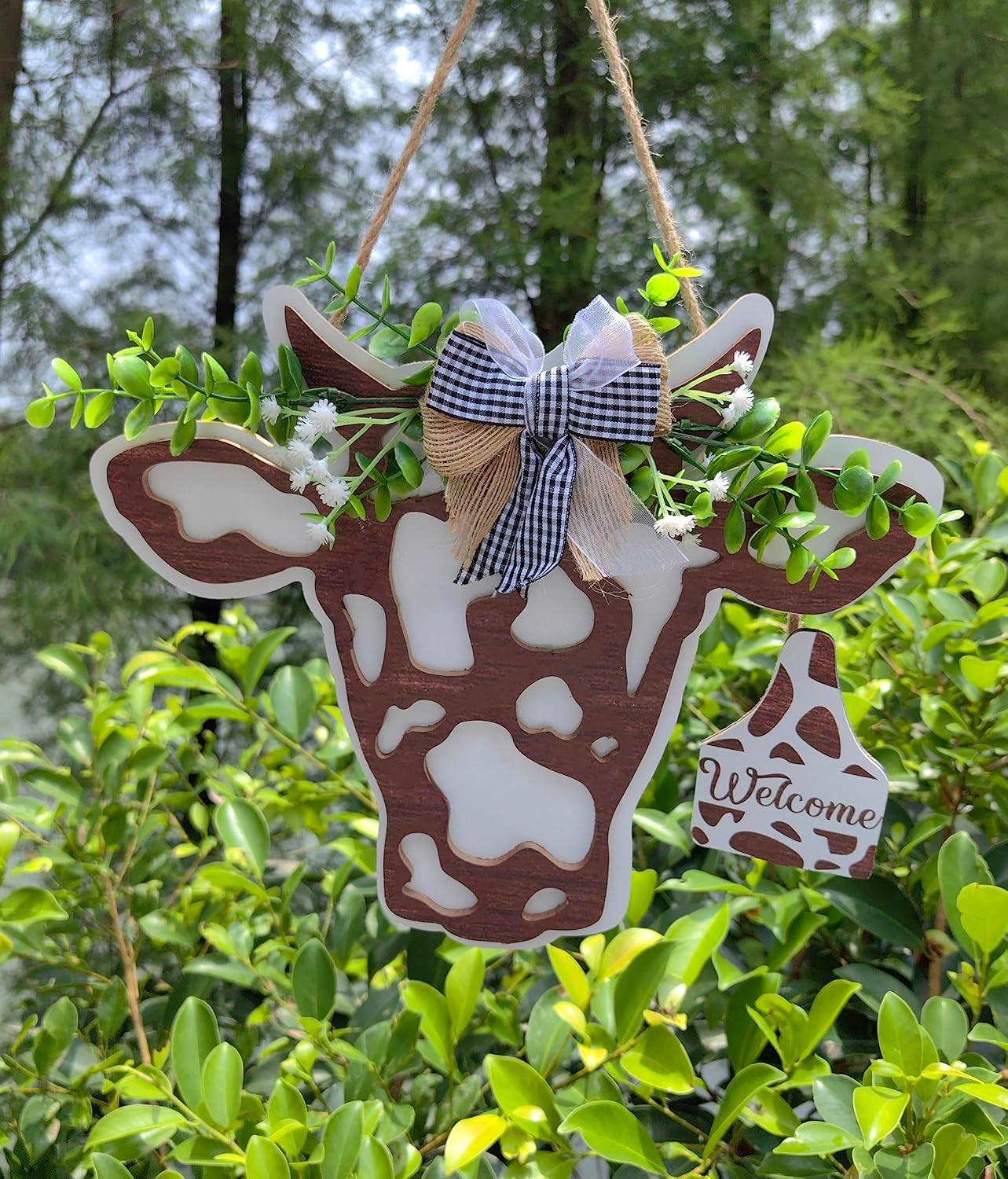 3D Cow Head Wreath Wooden Sign (11.8X9.6 Inch), Outdoor Cow Welcome Door Hanger Sign, Animal with Bow and Artificial Leaves Hanger for Front Door Porch Farmhouse Decor