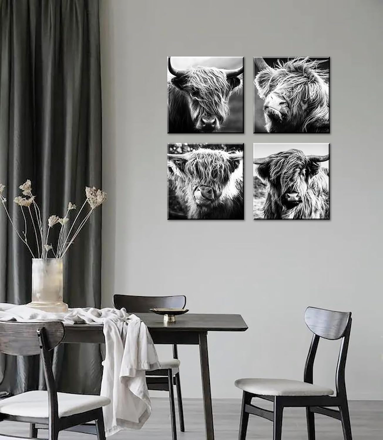 Highland Cow Wall Art Farmhouse Decor Canvas Printed Black and White Cow Pictures Wall Decor 12"×12"×4
