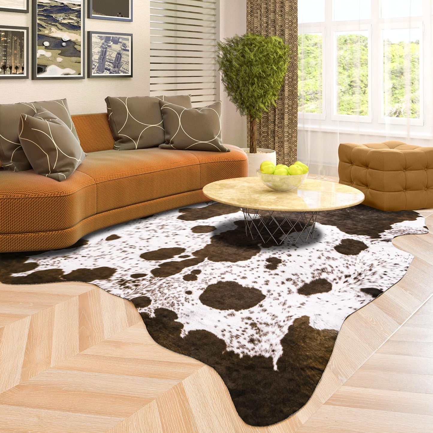 Faux Cowhide Rug 3.6 X 2.3 Feet, Cute Cow Hide Rug for Living Room Bedroom Western Home Decor Faux Fur Cow Print Rugs White and Brown