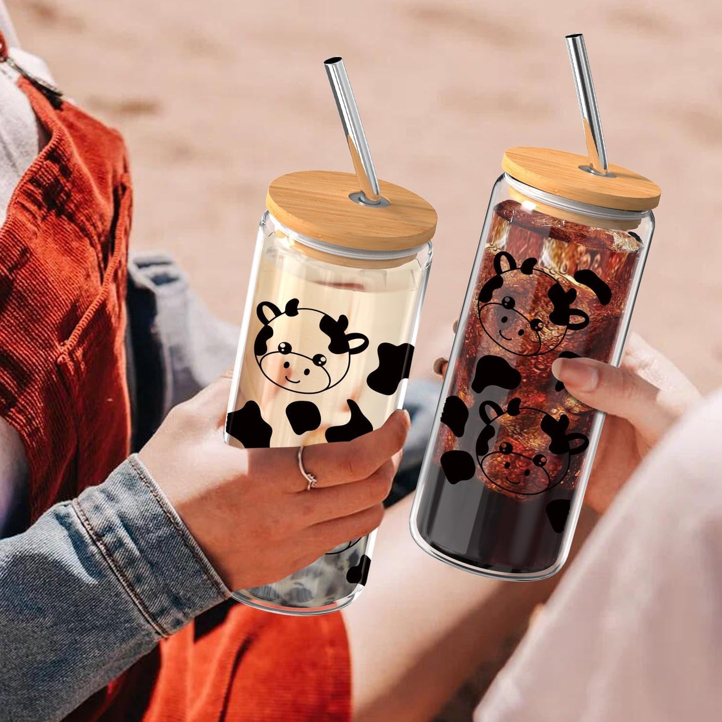 Cute Cow Drinking Glass, Large 20Oz Aesthetic Glass Cup with Lid and Straw, Clear, Cowcup-20Oz