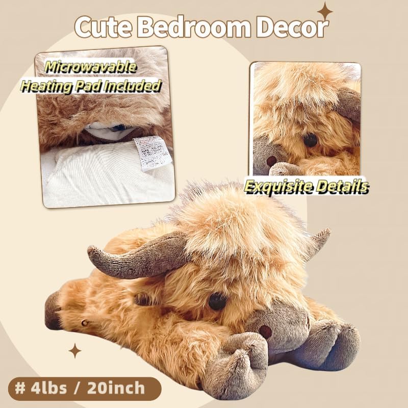 20" | 4 Pounds Highland Cow Weighted Stuffed Animals with Unscented Microwavable Heating Pad, Cute Coolable Heatable Weighted Plush