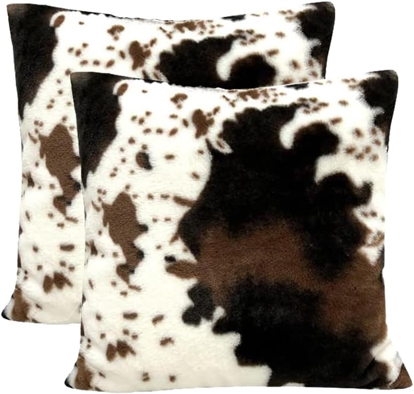 Pack of 2 Throw Pillow Covers Christmas Cowhide Printing Western 18X18 Pillow Cover,Decorative Throw Pillows Cushion Covers for Home Living Room Sofa Bedroom