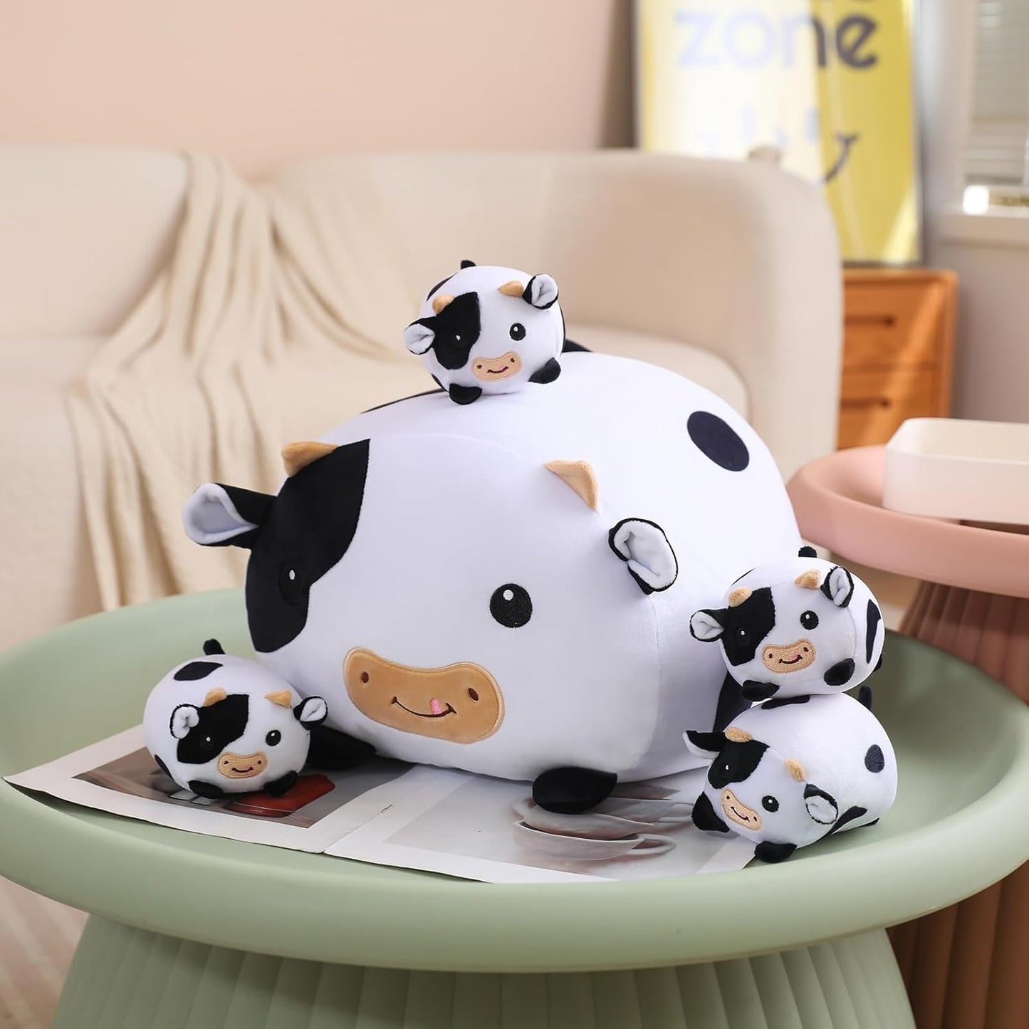 Cow Stuffed Animal 5 in 1, Cute Cow Plush Bedtime Toys, Ultra Soft Dairy Cattle with 4 Babies Inside, Milk Cows Soft Plushies Pillow