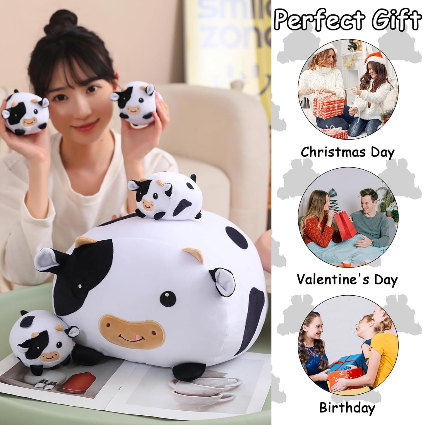 Cow Stuffed Animal 5 in 1, Cute Cow Plush Bedtime Toys, Ultra Soft Dairy Cattle with 4 Babies Inside, Milk Cows Soft Plushies Pillow