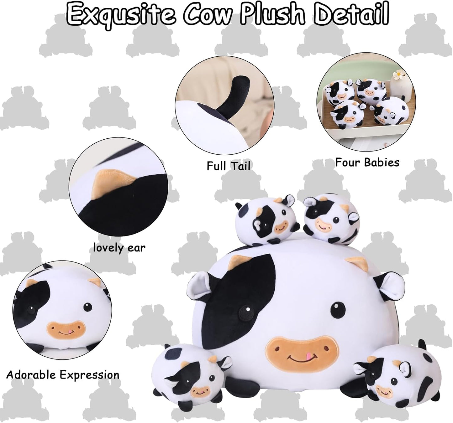 Cow Stuffed Animal 5 in 1, Cute Cow Plush Bedtime Toys, Ultra Soft Dairy Cattle with 4 Babies Inside, Milk Cows Soft Plushies Pillow