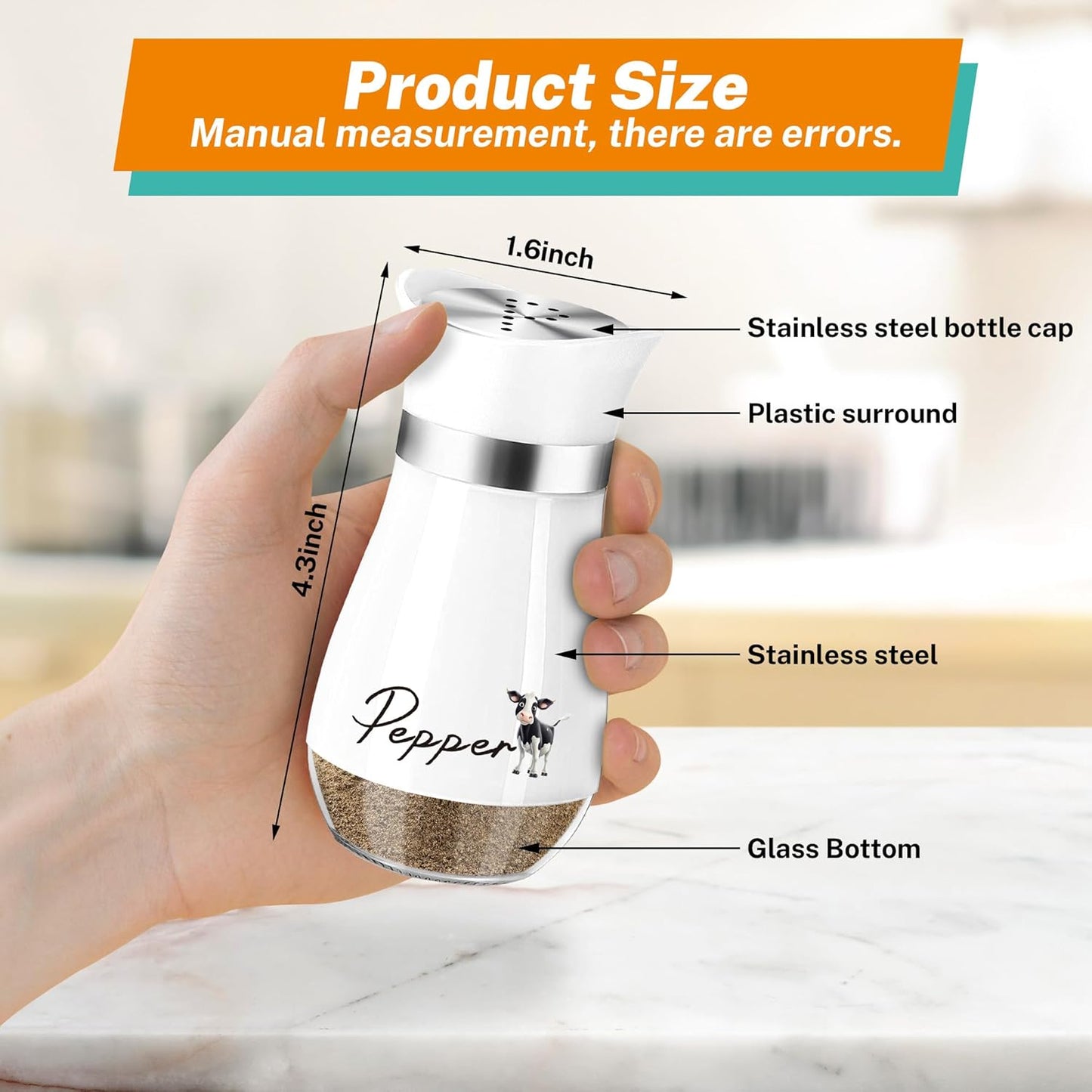 Cow Salt and Pepper Shakers Set,4 Oz Glass Bottom Salt Pepper Shaker with Stainless Steel Lid