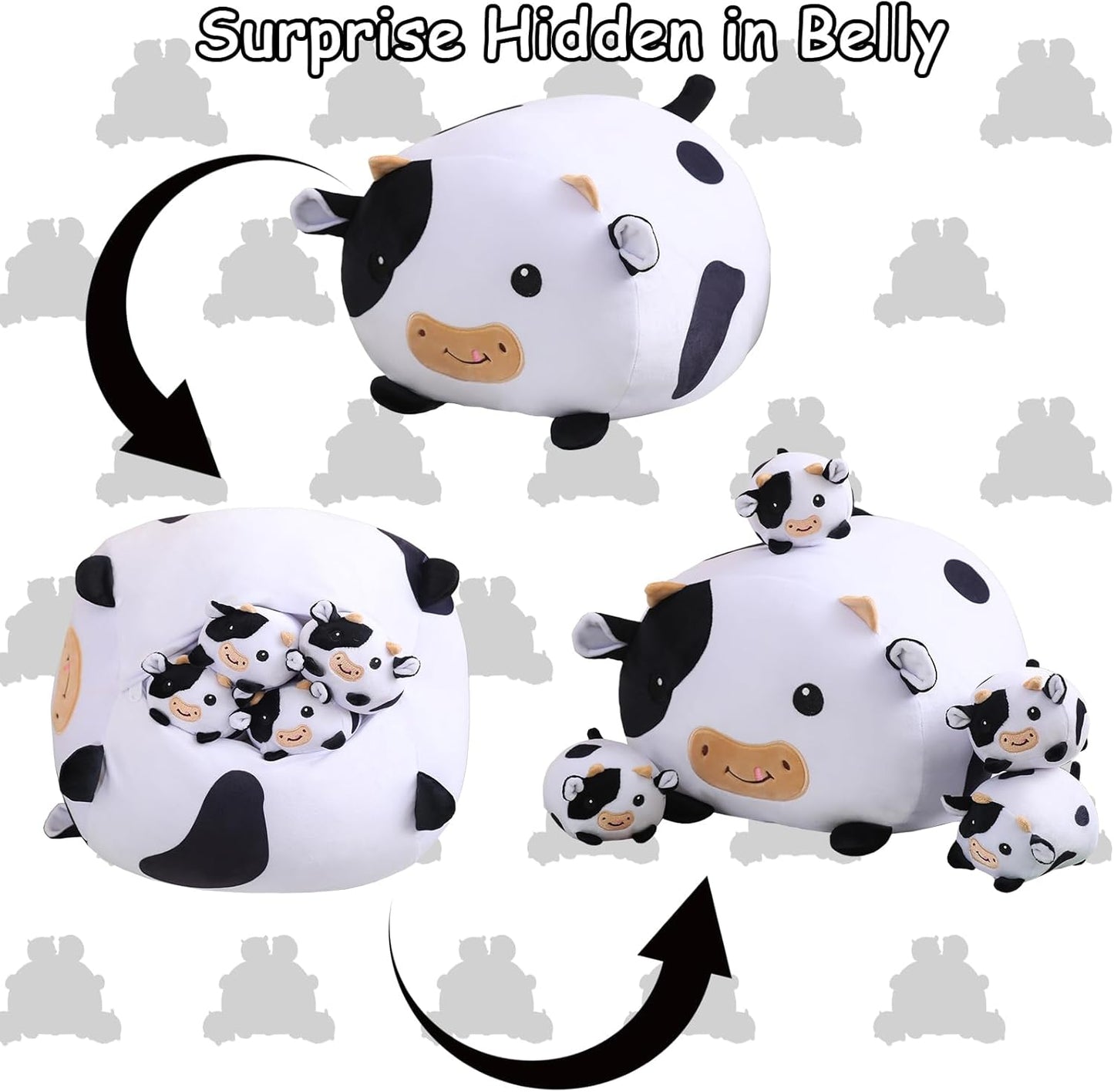 Cow Stuffed Animal 5 in 1, Cute Cow Plush Bedtime Toys, Ultra Soft Dairy Cattle with 4 Babies Inside, Milk Cows Soft Plushies Pillow