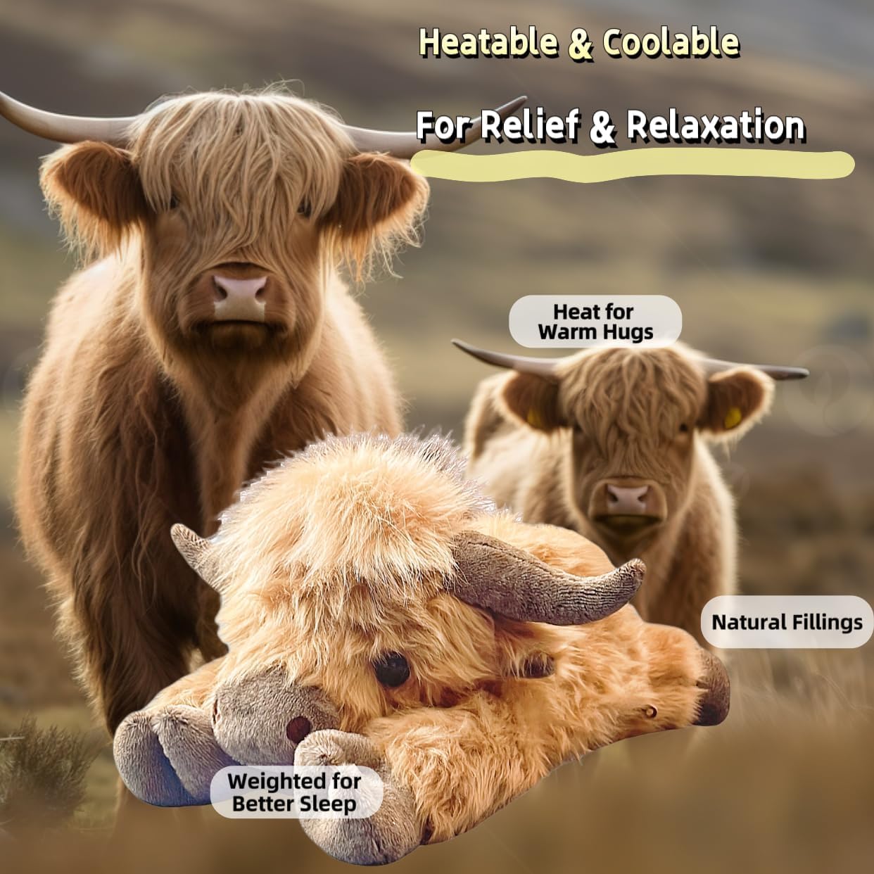 20" | 4 Pounds Highland Cow Weighted Stuffed Animals with Unscented Microwavable Heating Pad, Cute Coolable Heatable Weighted Plush
