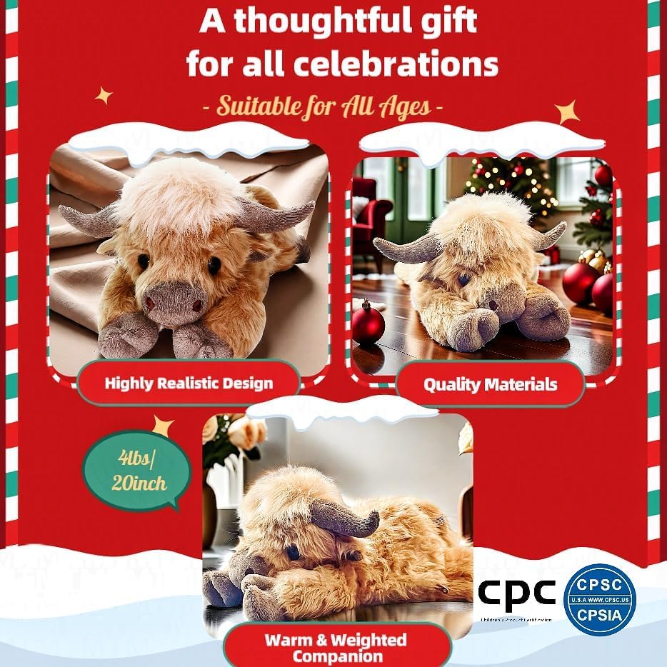 20" | 4 Pounds Highland Cow Weighted Stuffed Animals with Unscented Microwavable Heating Pad, Cute Coolable Heatable Weighted Plush