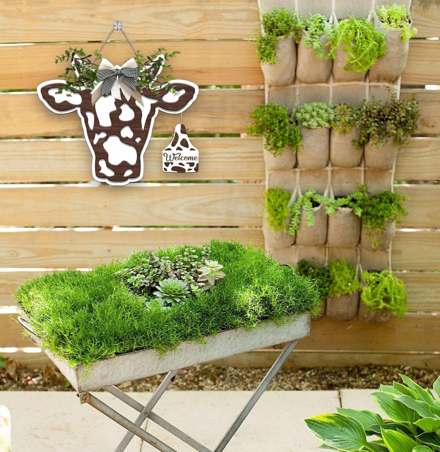 3D Cow Head Wreath Wooden Sign (11.8X9.6 Inch), Outdoor Cow Welcome Door Hanger Sign, Animal with Bow and Artificial Leaves Hanger for Front Door Porch Farmhouse Decor