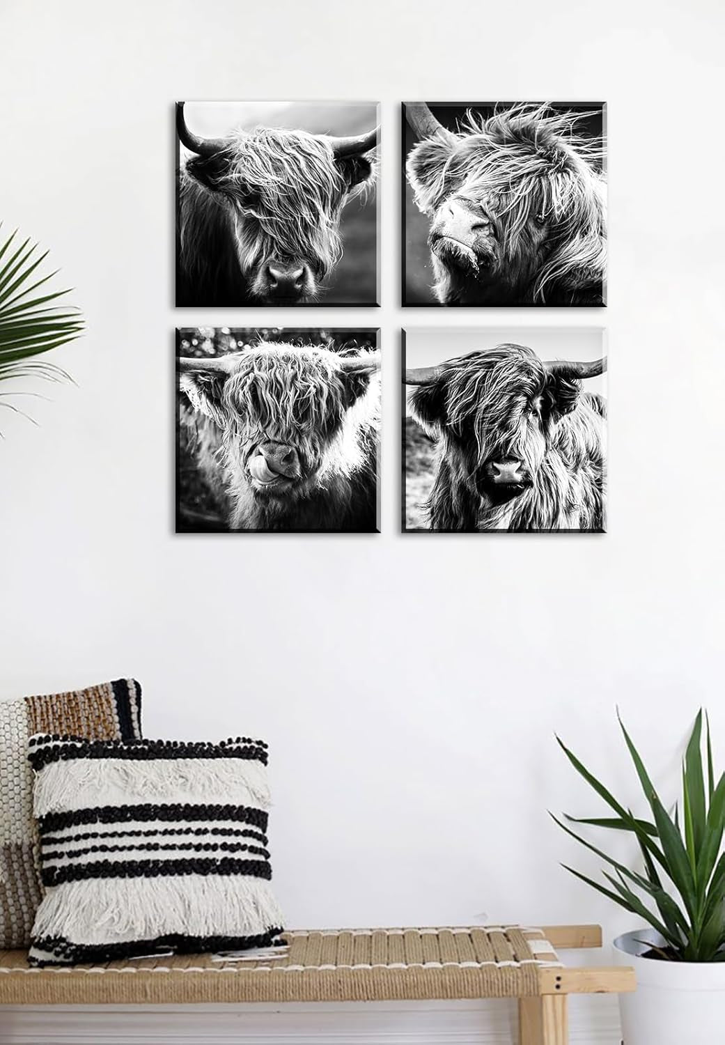 Highland Cow Wall Art Farmhouse Decor Canvas Printed Black and White Cow Pictures Wall Decor 12"×12"×4