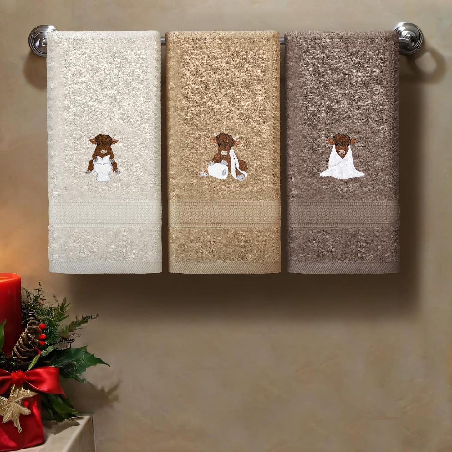 3 Pcs Highland Cow Hand Towels Embroidered Cow Farmhouse Decorative Bath Towels for Bathroom Kitchen Decor Country Farm Highland, 100% Cotton, 13.3 X 29.5''