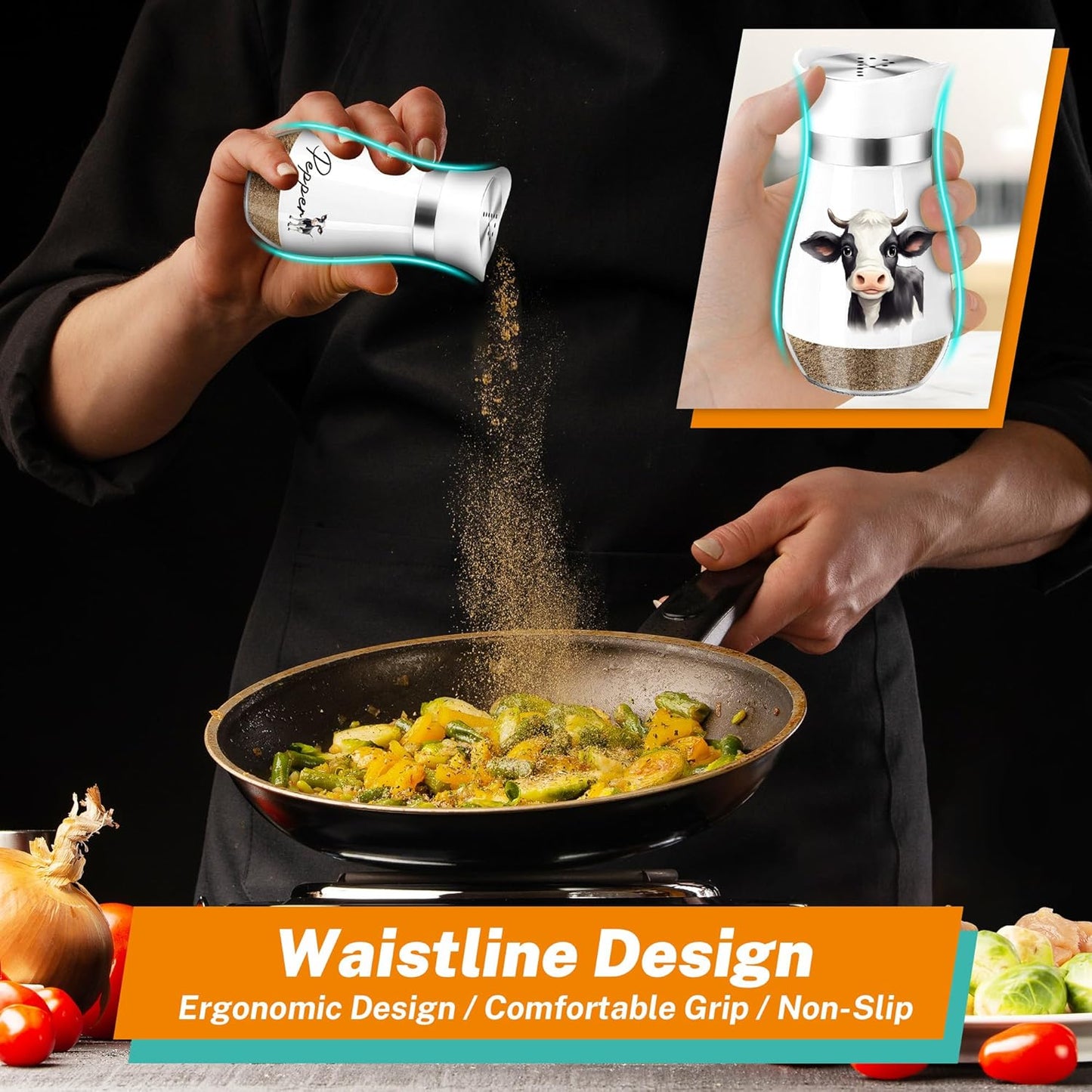 Cow Salt and Pepper Shakers Set,4 Oz Glass Bottom Salt Pepper Shaker with Stainless Steel Lid