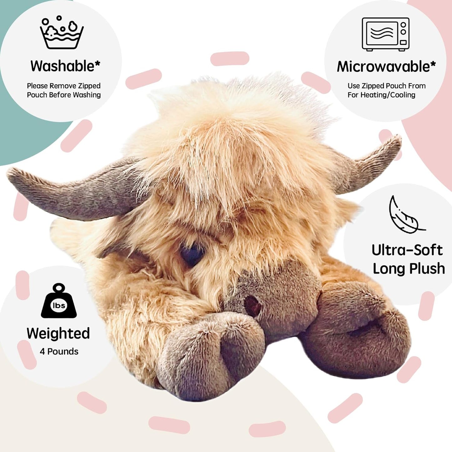 20" | 4 Pounds Highland Cow Weighted Stuffed Animals with Unscented Microwavable Heating Pad, Cute Coolable Heatable Weighted Plush
