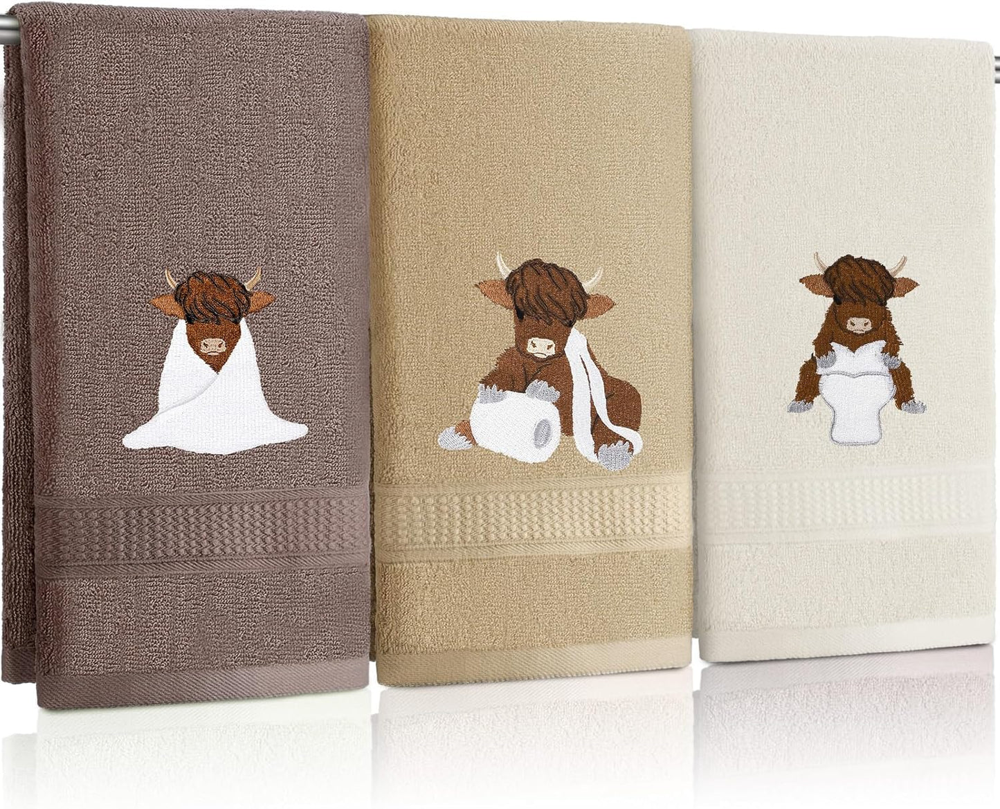 3 Pcs Highland Cow Hand Towels Embroidered Cow Farmhouse Decorative Bath Towels for Bathroom Kitchen Decor Country Farm Highland, 100% Cotton, 13.3 X 29.5''