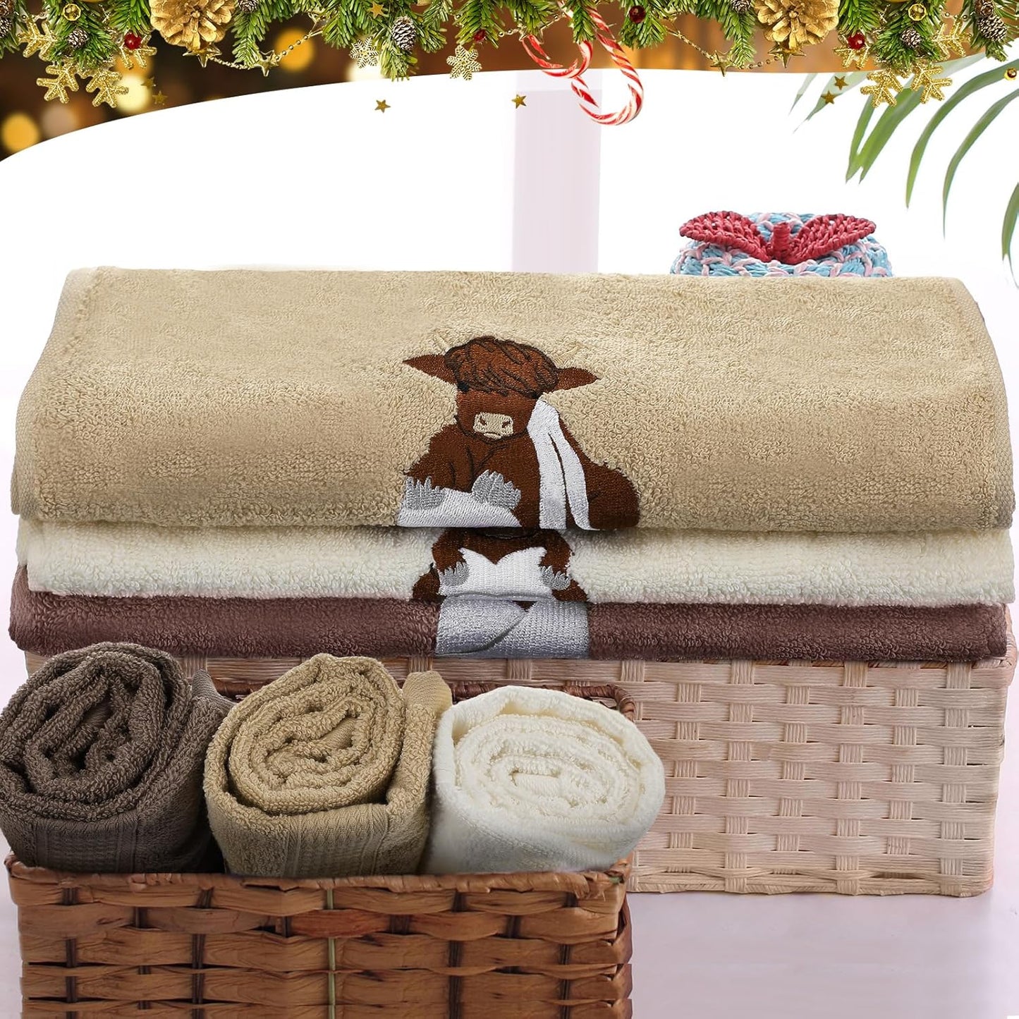 3 Pcs Highland Cow Hand Towels Embroidered Cow Farmhouse Decorative Bath Towels for Bathroom Kitchen Decor Country Farm Highland, 100% Cotton, 13.3 X 29.5''