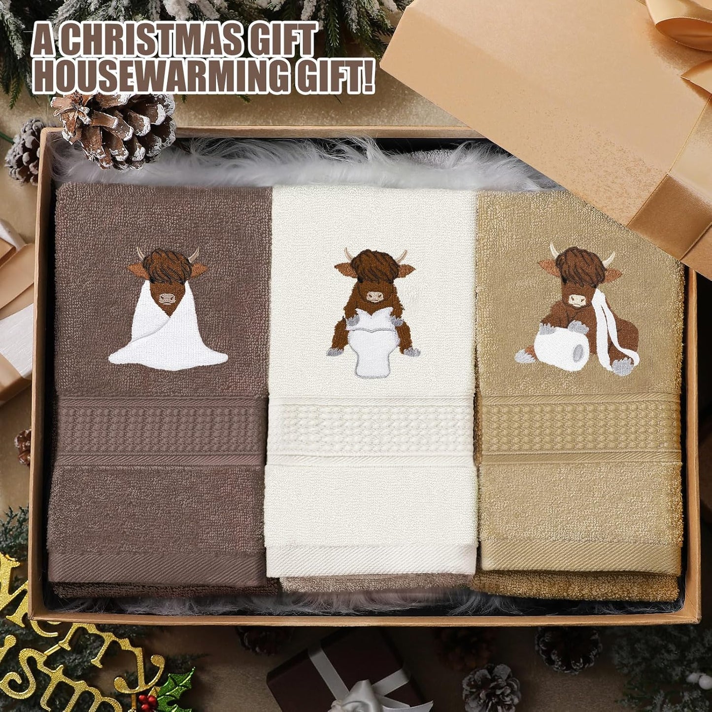 3 Pcs Highland Cow Hand Towels Embroidered Cow Farmhouse Decorative Bath Towels for Bathroom Kitchen Decor Country Farm Highland, 100% Cotton, 13.3 X 29.5''