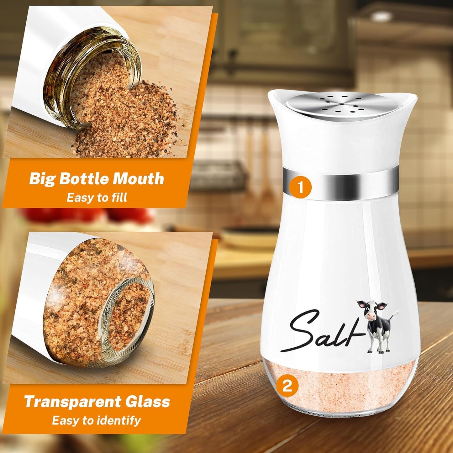 Cow Salt and Pepper Shakers Set,4 Oz Glass Bottom Salt Pepper Shaker with Stainless Steel Lid