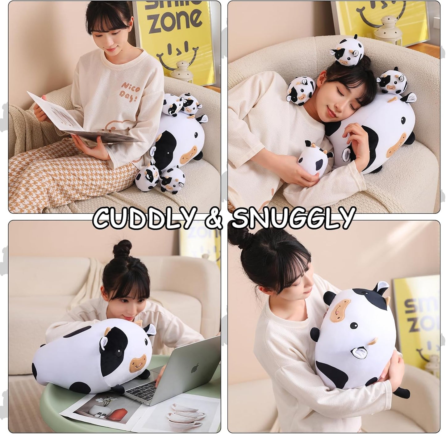 Cow Stuffed Animal 5 in 1, Cute Cow Plush Bedtime Toys, Ultra Soft Dairy Cattle with 4 Babies Inside, Milk Cows Soft Plushies Pillow