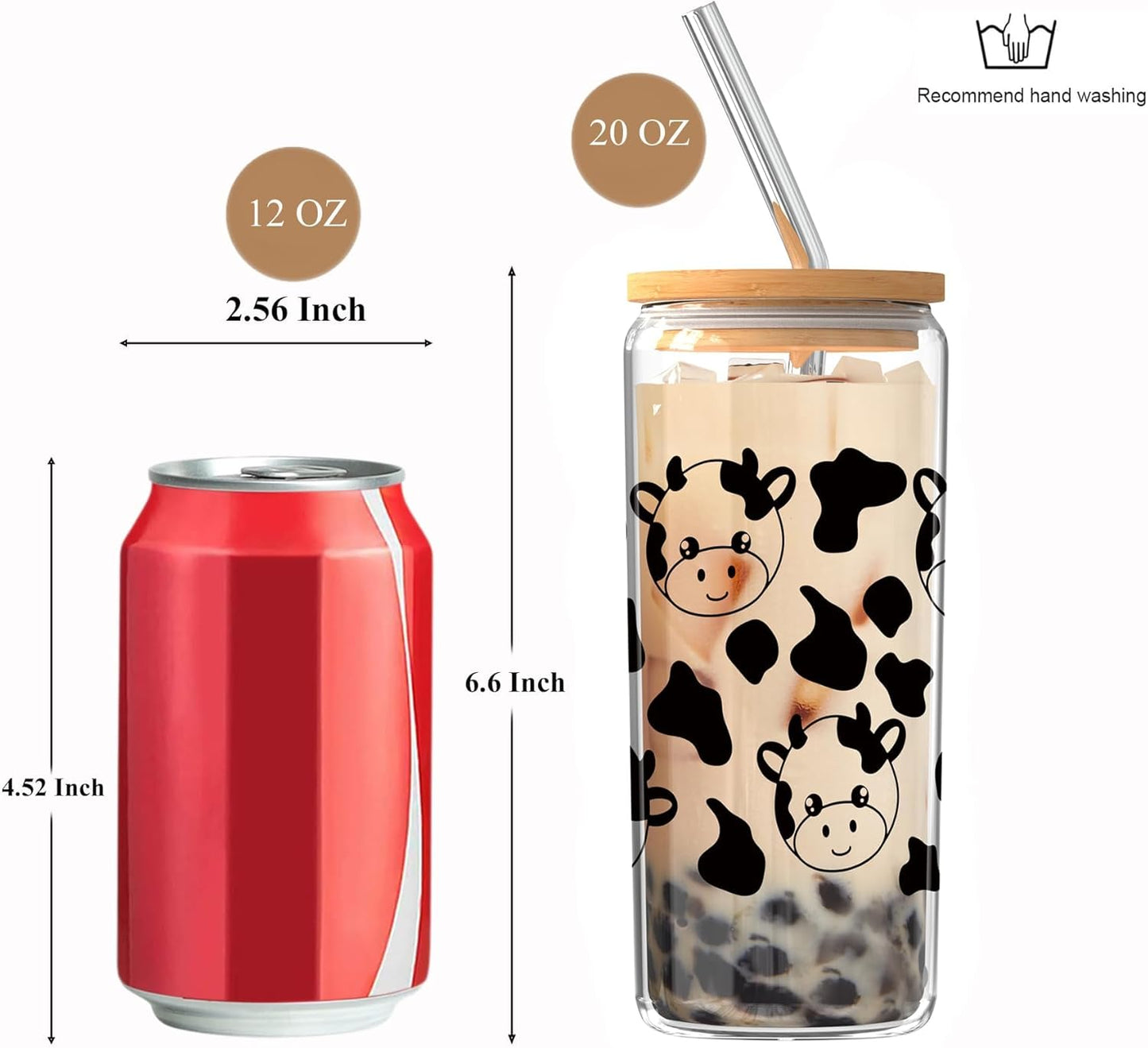 Cute Cow Drinking Glass, Large 20Oz Aesthetic Glass Cup with Lid and Straw, Clear, Cowcup-20Oz