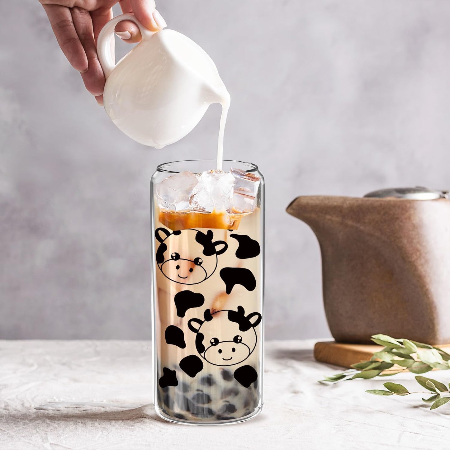 Cute Cow Drinking Glass, Large 20Oz Aesthetic Glass Cup with Lid and Straw, Clear, Cowcup-20Oz
