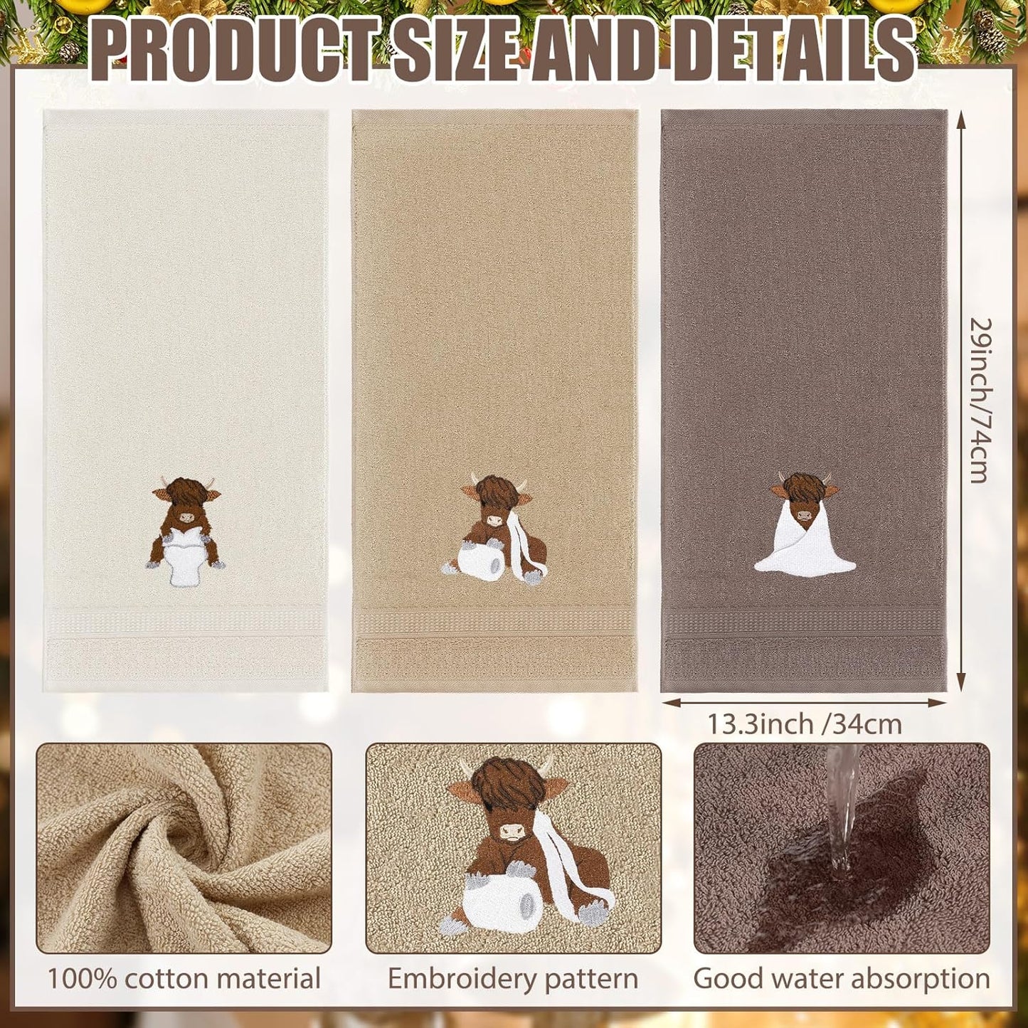 3 Pcs Highland Cow Hand Towels Embroidered Cow Farmhouse Decorative Bath Towels for Bathroom Kitchen Decor Country Farm Highland, 100% Cotton, 13.3 X 29.5''