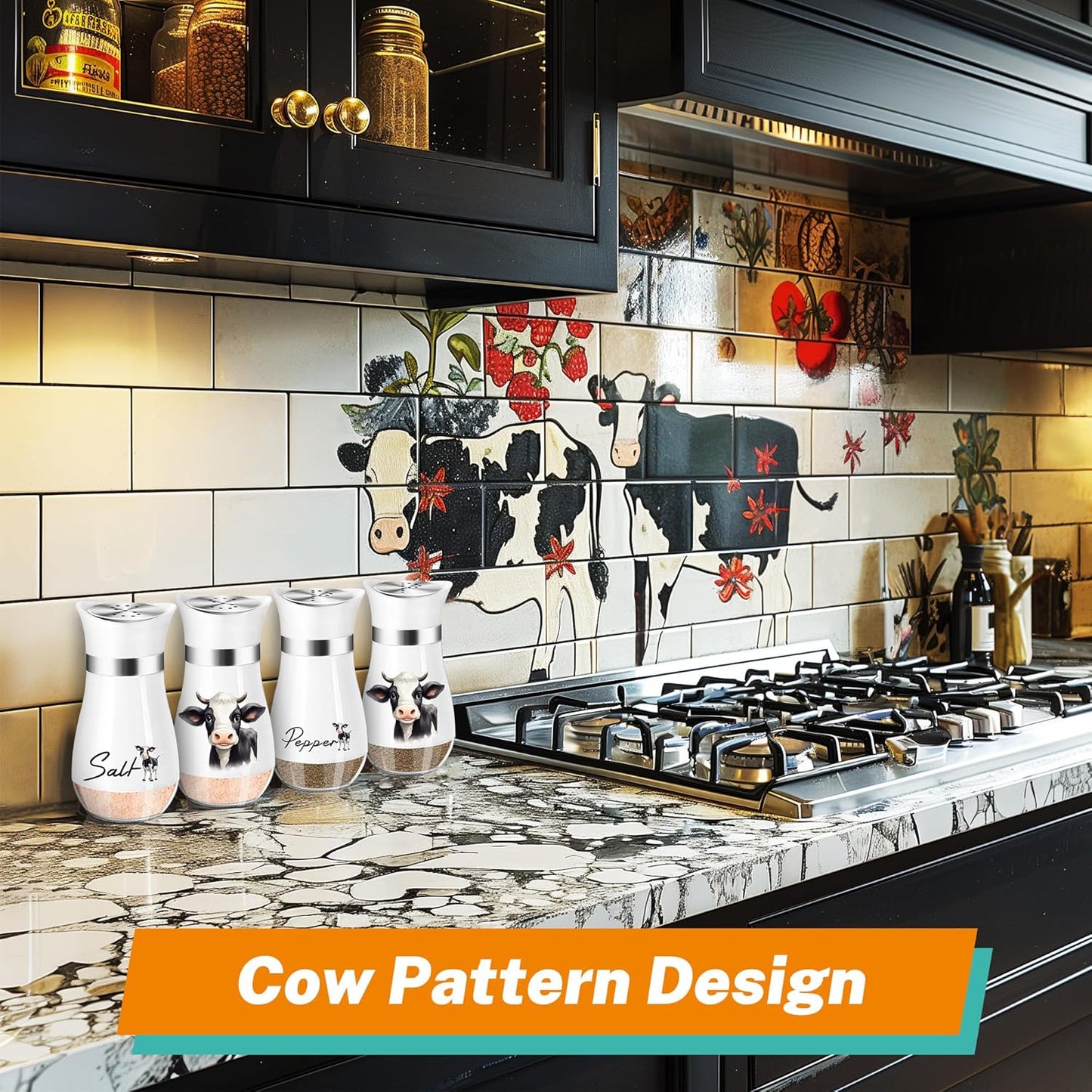 Cow Salt and Pepper Shakers Set,4 Oz Glass Bottom Salt Pepper Shaker with Stainless Steel Lid