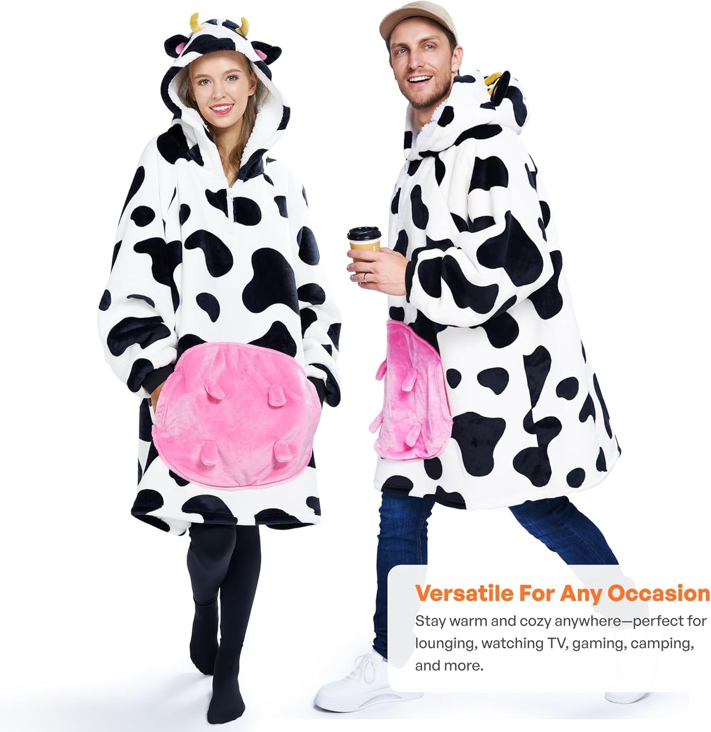 Wearable Blanket Hoodie for Women and Men Sherpa Fleece Hooded Blanket Sweatshirt Warm Cozy Sherpa Wearable Throw Oversized Hoodie with Giant Pocket & Sleeves for Adult Cow