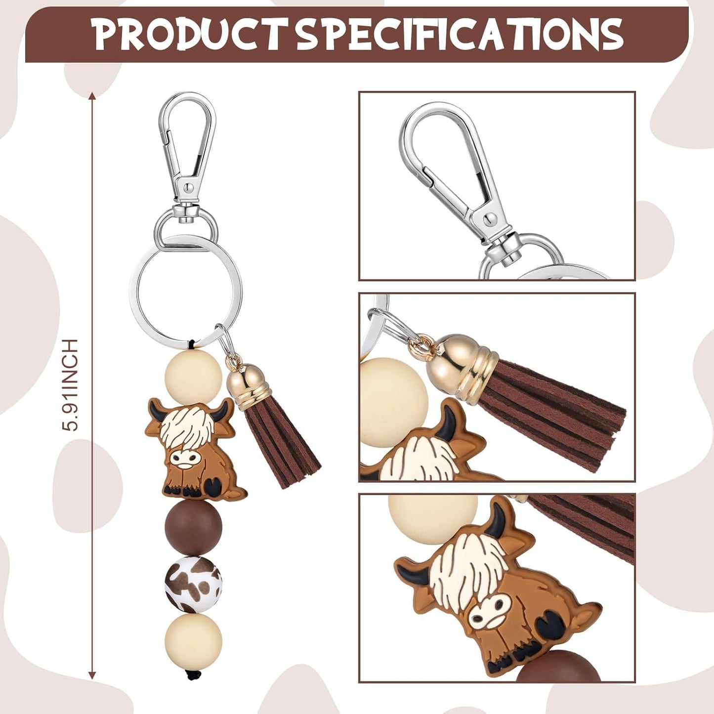 Highland Cow Keychain Highland Cow Party Favors Cute Gifts Animal Keychains with Tassel for Women Men Gifts (Brown,1 Pcs)