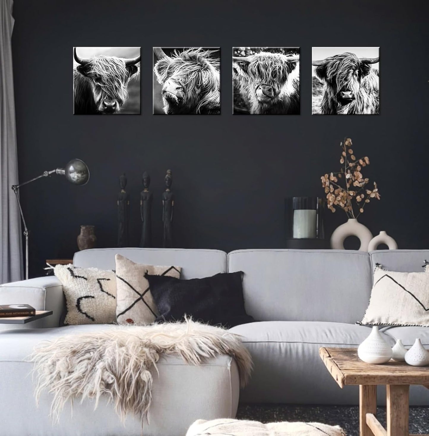 Highland Cow Wall Art Farmhouse Decor Canvas Printed Black and White Cow Pictures Wall Decor 12"×12"×4