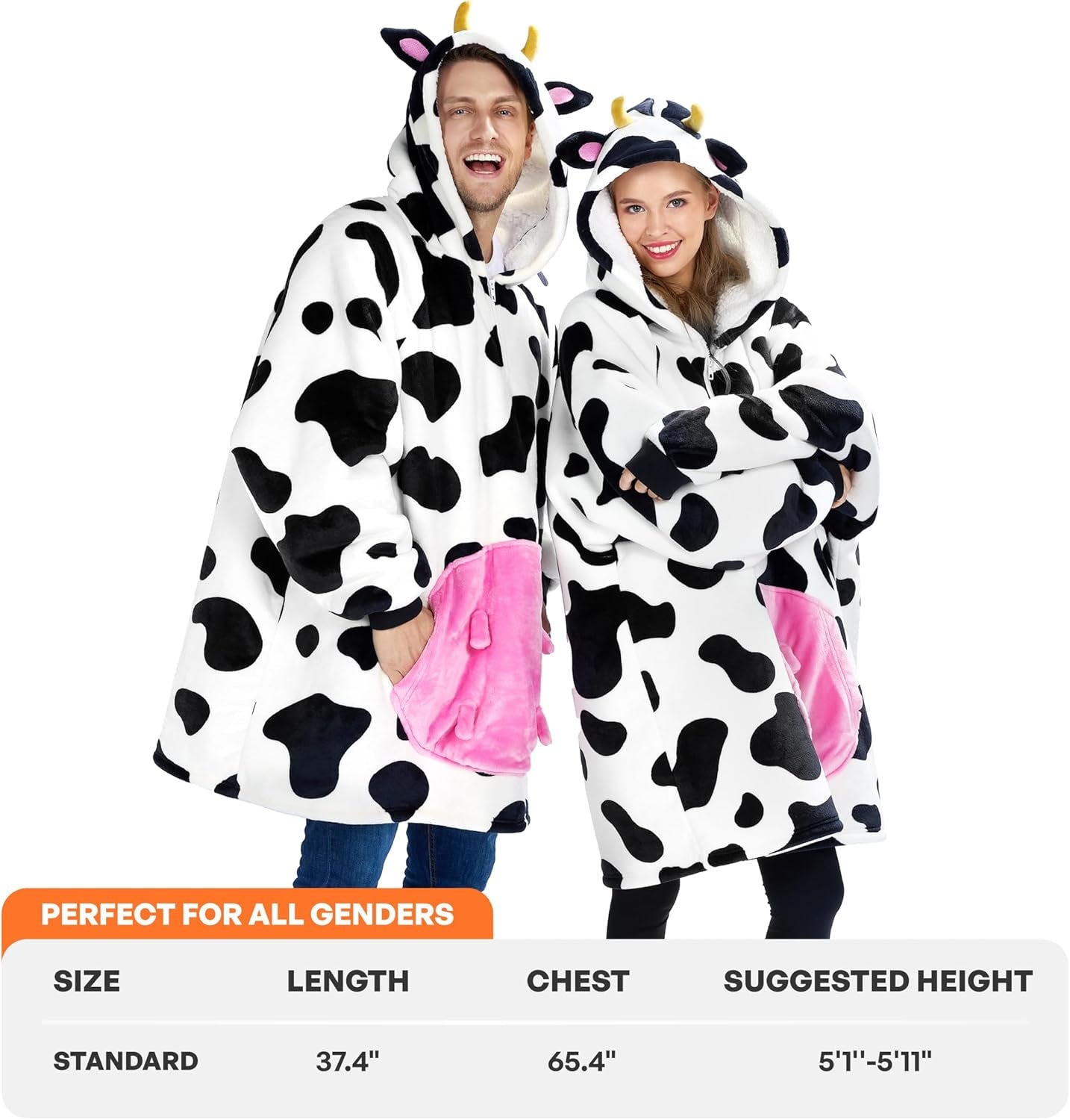 Wearable Blanket Hoodie for Women and Men Sherpa Fleece Hooded Blanket Sweatshirt Warm Cozy Sherpa Wearable Throw Oversized Hoodie with Giant Pocket & Sleeves for Adult Cow