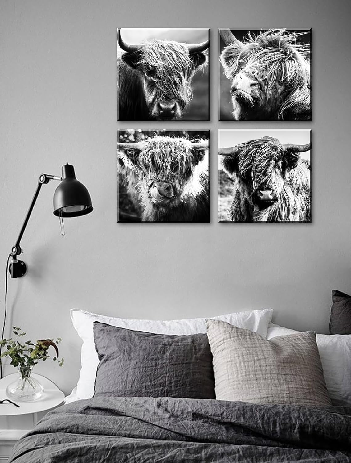 Highland Cow Wall Art Farmhouse Decor Canvas Printed Black and White Cow Pictures Wall Decor 12"×12"×4