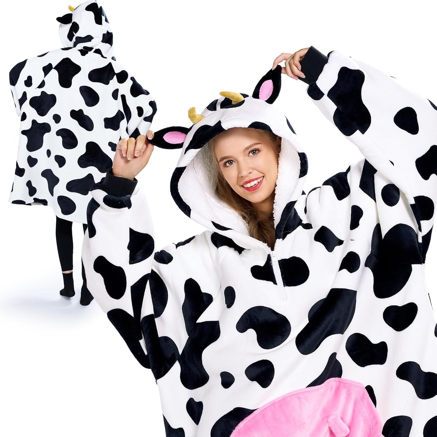 Wearable Blanket Hoodie for Women and Men Sherpa Fleece Hooded Blanket Sweatshirt Warm Cozy Sherpa Wearable Throw Oversized Hoodie with Giant Pocket & Sleeves for Adult Cow