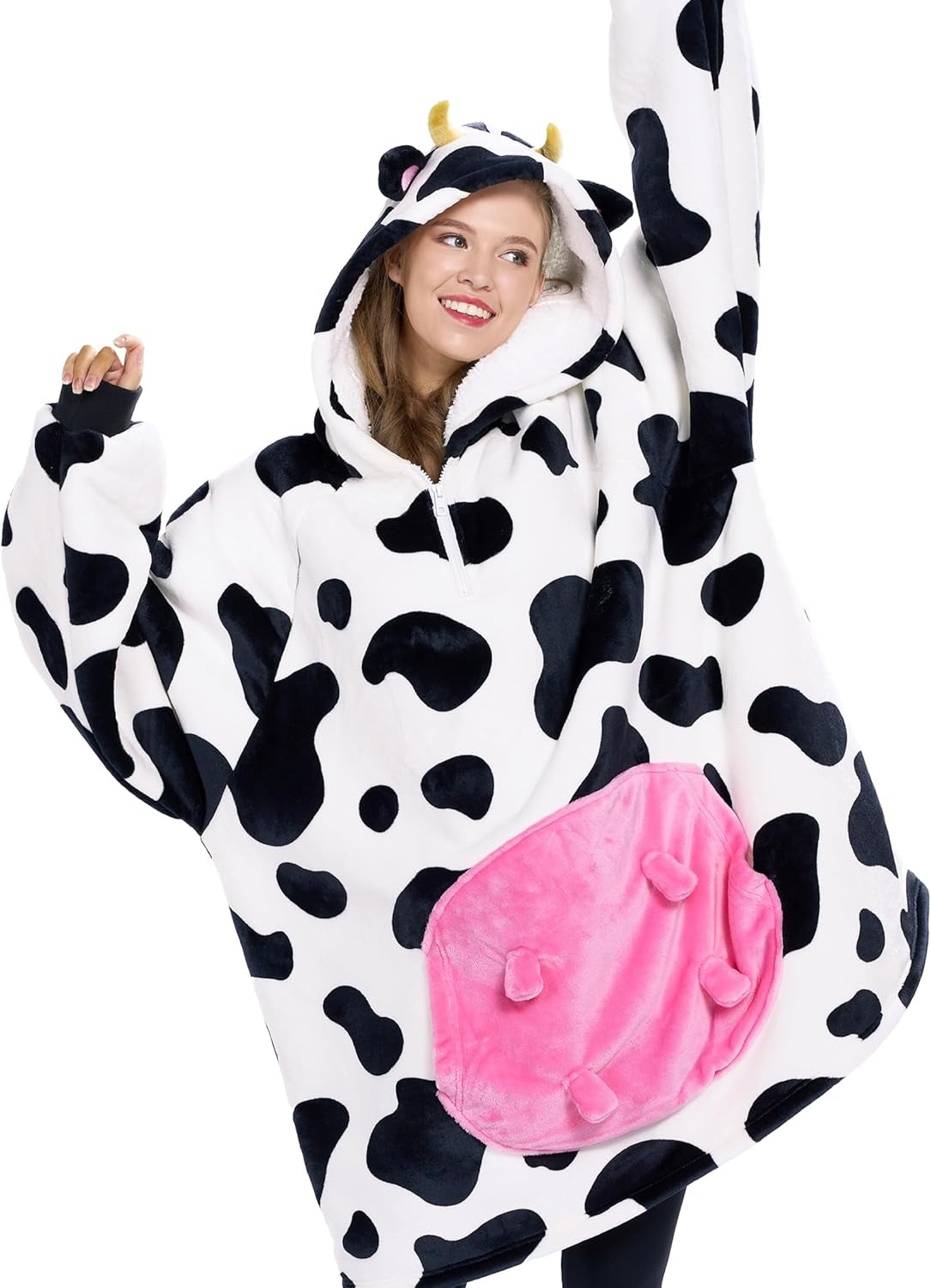 Wearable Blanket Hoodie for Women and Men Sherpa Fleece Hooded Blanket Sweatshirt Warm Cozy Sherpa Wearable Throw Oversized Hoodie with Giant Pocket & Sleeves for Adult Cow