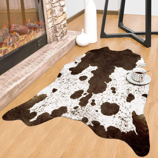 Faux Cowhide Rug 3.6 X 2.3 Feet, Cute Cow Hide Rug for Living Room Bedroom Western Home Decor Faux Fur Cow Print Rugs White and Brown