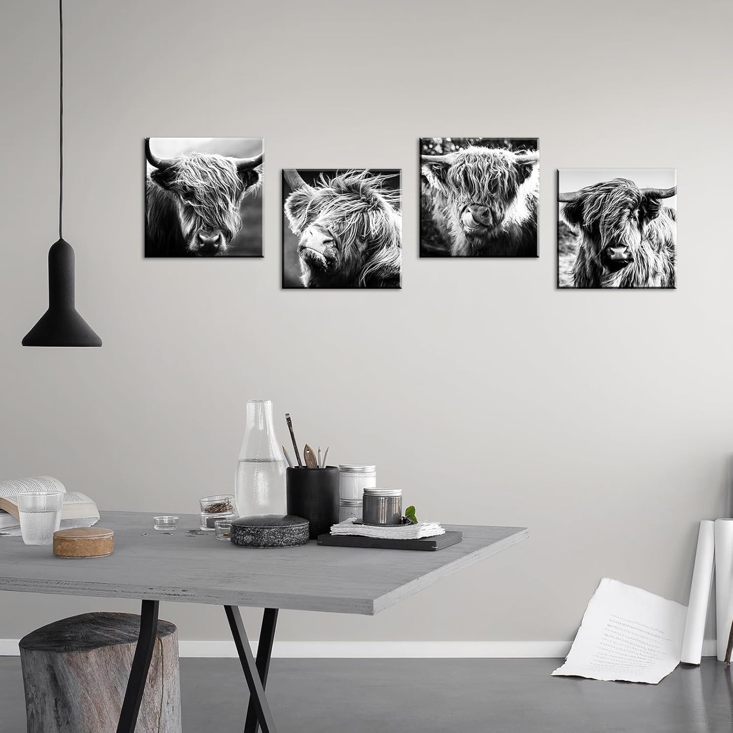 Highland Cow Wall Art Farmhouse Decor Canvas Printed Black and White Cow Pictures Wall Decor 12"×12"×4