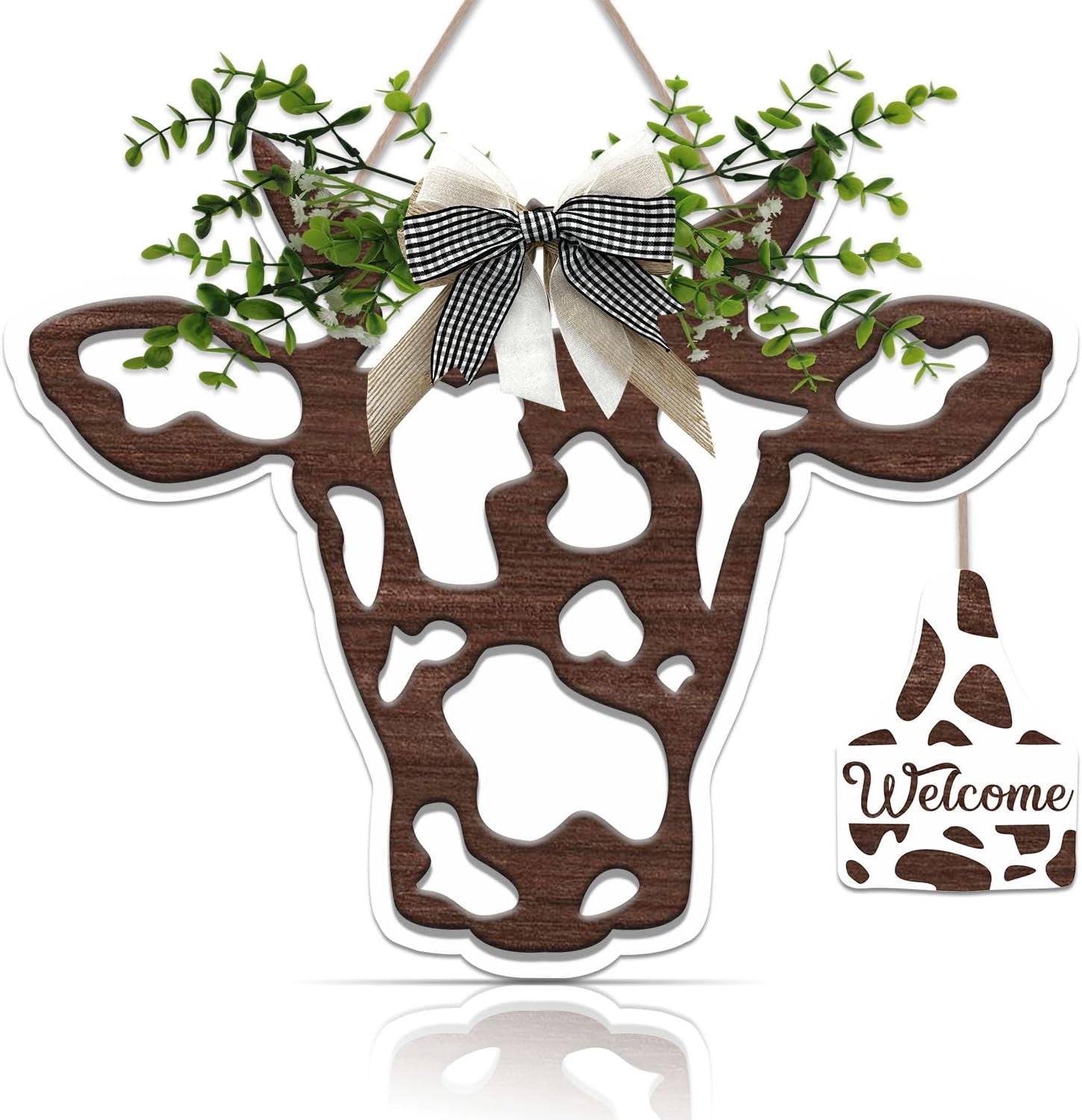 3D Cow Head Wreath Wooden Sign (11.8X9.6 Inch), Outdoor Cow Welcome Door Hanger Sign, Animal with Bow and Artificial Leaves Hanger for Front Door Porch Farmhouse Decor