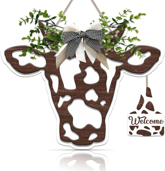 3D Cow Head Wreath Wooden Sign (11.8X9.6 Inch), Outdoor Cow Welcome Door Hanger Sign, Animal with Bow and Artificial Leaves Hanger for Front Door Porch Farmhouse Decor