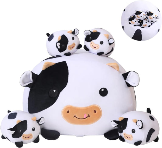 Cow Stuffed Animal 5 in 1, Cute Cow Plush Bedtime Toys, Ultra Soft Dairy Cattle with 4 Babies Inside, Milk Cows Soft Plushies Pillow