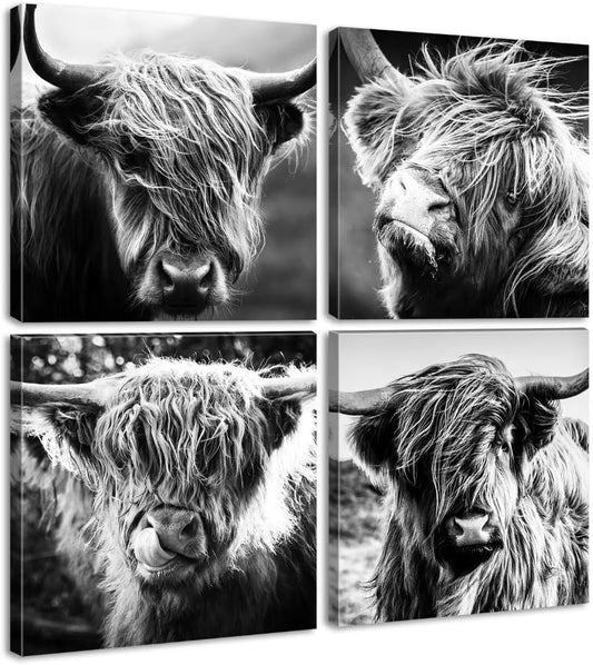 Highland Cow Wall Art Farmhouse Decor Canvas Printed Black and White Cow Pictures Wall Decor 12"×12"×4