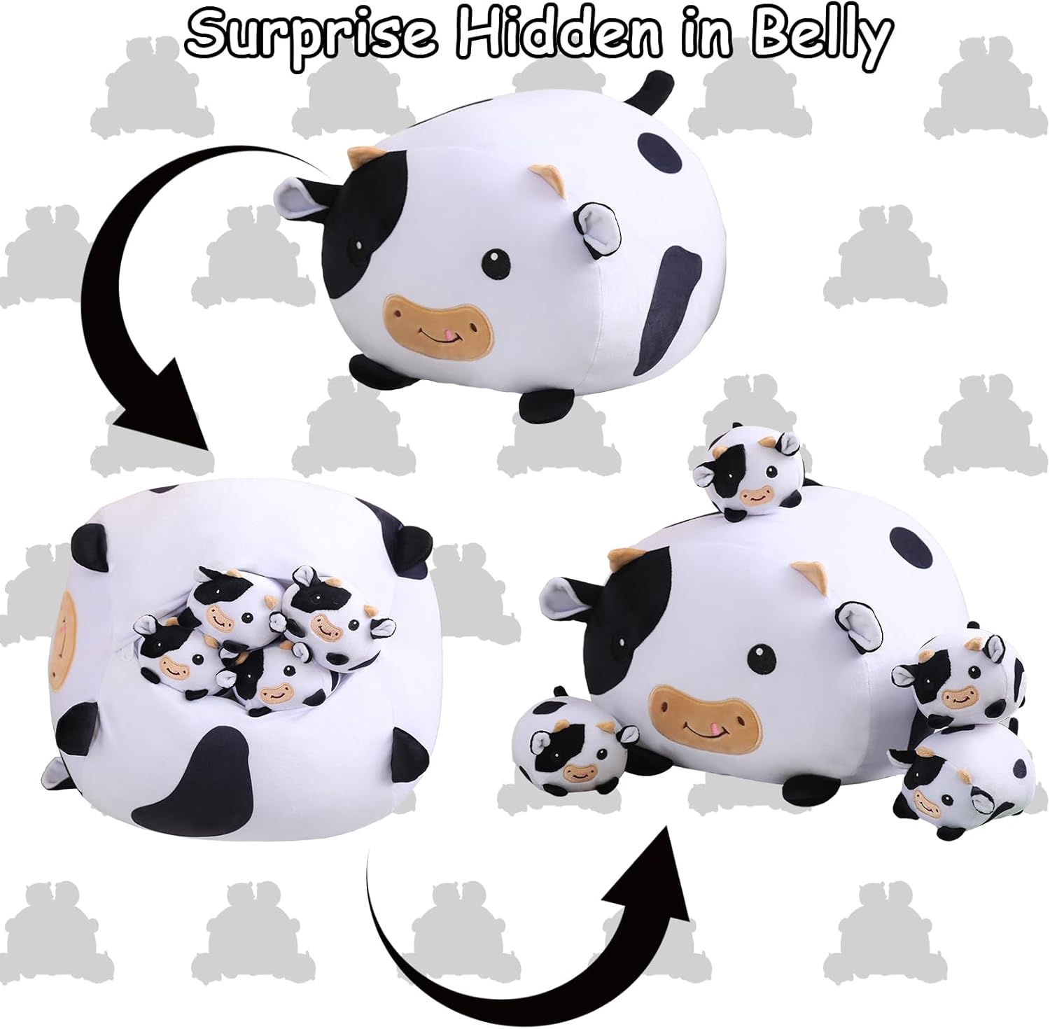Cow Stuffed Animal 5 in 1, Cute Cow Plush Bedtime Toys, Ultra Soft Dairy Cattle with 4 Babies Inside, Milk Cows Soft Plushies Pillow