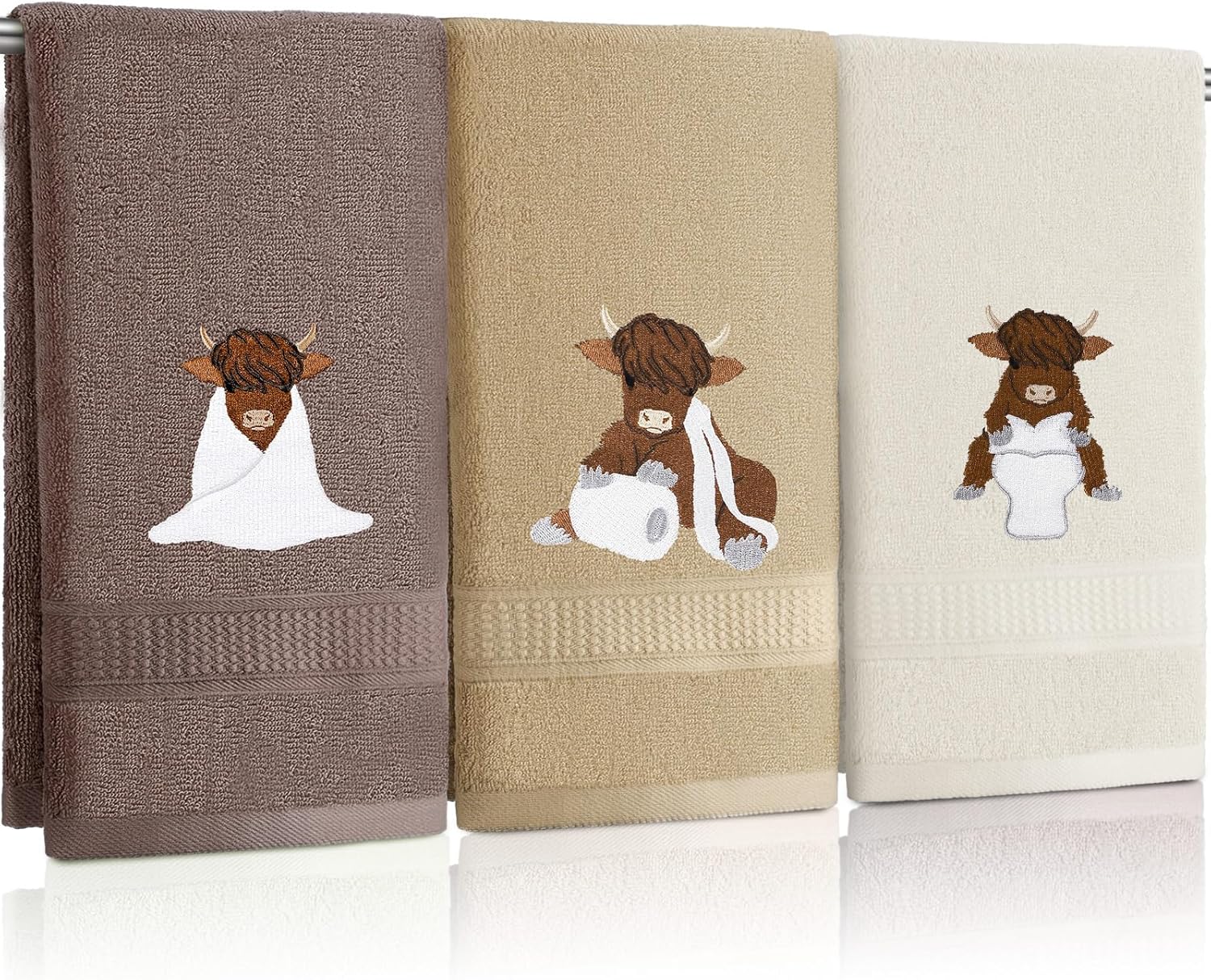 3 Pcs Highland Cow Hand Towels Embroidered Cow Farmhouse Decorative Bath Towels for Bathroom Kitchen Decor Country Farm Highland, 100% Cotton, 13.3 X 29.5''