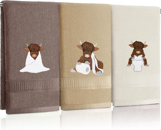 3 Pcs Highland Cow Hand Towels Embroidered Cow Farmhouse Decorative Bath Towels for Bathroom Kitchen Decor Country Farm Highland, 100% Cotton, 13.3 X 29.5''